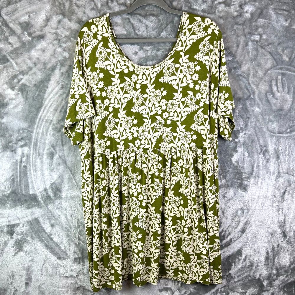 Womens Olive Green Ivory Floral Plus Size Tunic 4X Cottagecore Boho Stretch Soft